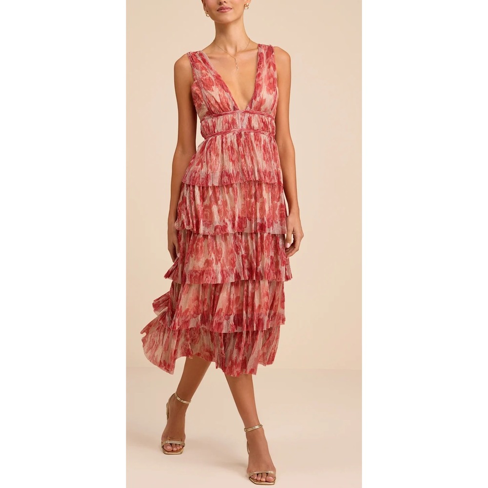 NWT Lulus Valentia Magenta Plisse Sleeveless Tiered Midi Dress Sz L